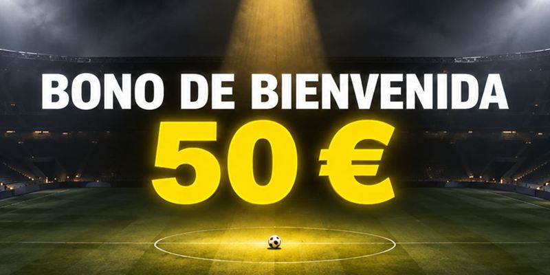 Rótulo Bono de bienvenida 50 € sobre un estadio de fútbol iluminado de noche