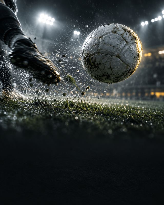 Jugador golpeando el balón bajo los focos de un estadio nocturno