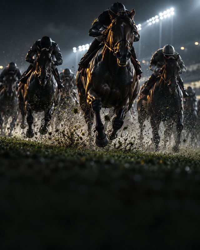 Caballos de carreras en plena recta final sobre una pista de hierba