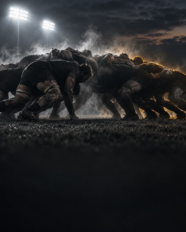 Melé de rugby sobre el césped húmedo al atardecer