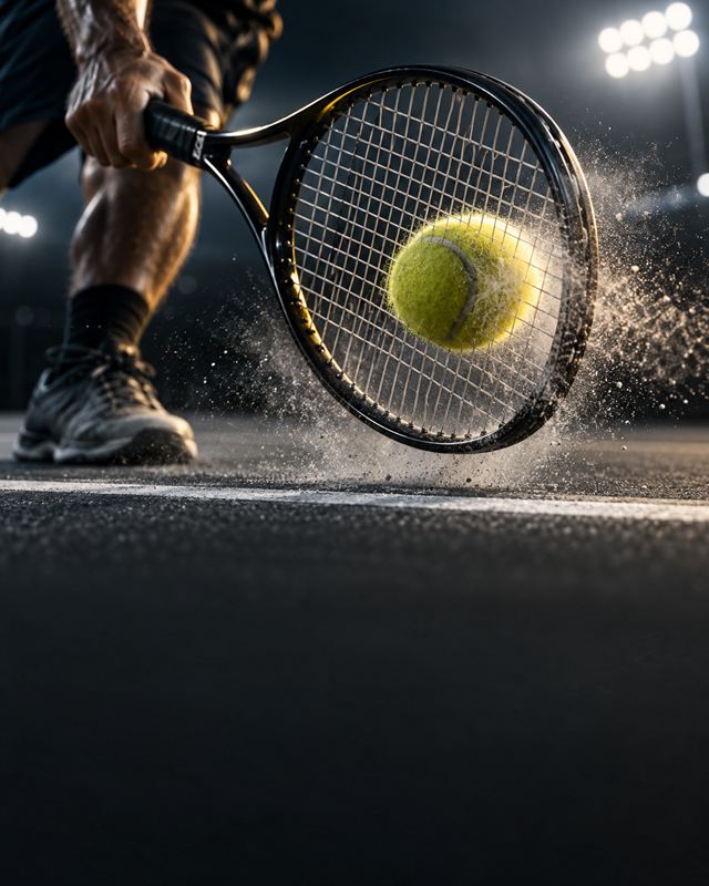 Raqueta y pelota de tenis sobre la línea de fondo de una pista iluminada